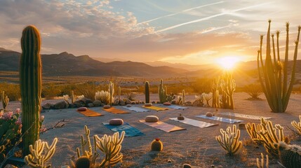 A tranquil desert yoga session with cactus decorations celebrating Cinco de Mayo at sunrise.