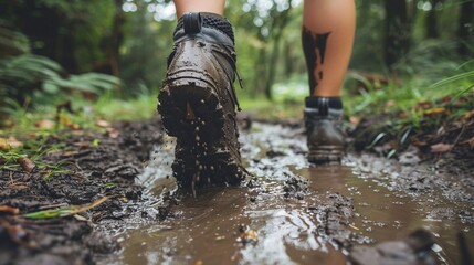 Person walking through a muddy path with determination mud splattering on their shoes Stock Photo with copy space