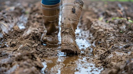 Person making their way through a challenging muddy terrain their legs caked in mud Stock Photo with copy space