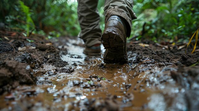 Person trudging through a muddy trail their clothes and shoes covered in mud Stock Photo with copy space