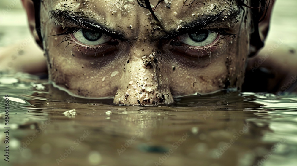 Poster individual pushing through a muddy swamp their face showing determination stock photo with copy spac