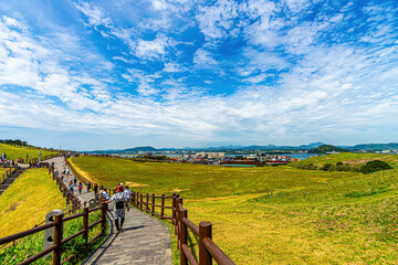 Seongsan Ilchulbong Tuff Cone, a famous spot in Jeju Island with a beautiful sunrise.
