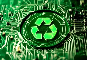 Naklejka premium technology board symbol environmental green technological innovations the recycle circuit representing computing concept reusing sustainability energy