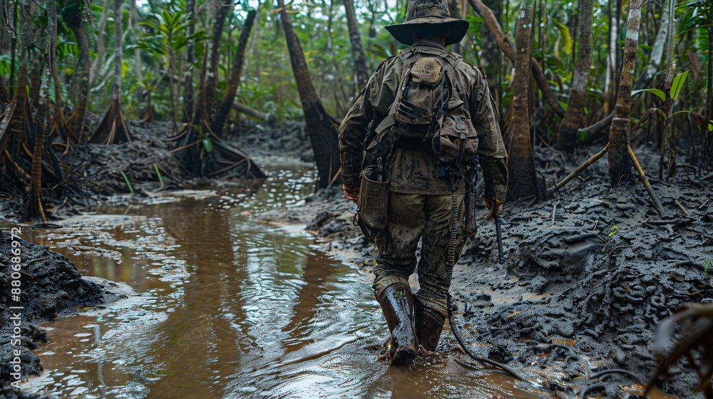 Poster individual walking through a dense muddy forest their face set with determination stock photo with c