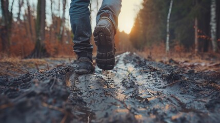 Person covered in mud as they walk through a challenging muddy terrain Stock Photo with copy space