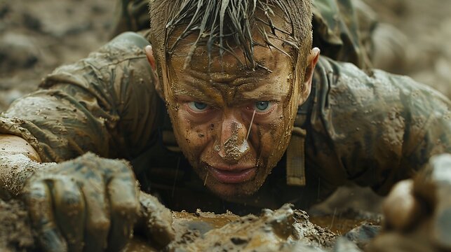 Individual climbing a muddy slope their face and clothes showing signs of the struggle Stock Photo with copy space