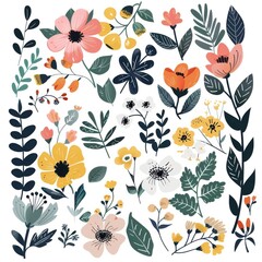 Ornamental collections with flowers leaves of different colors on white background