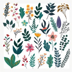 Ornamental collections with flowers leaves of different colors on white background