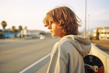 Fototapeta premium Boy with tousled hair and skateboard, gazing thoughtfully on a suburban street