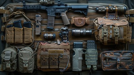 A detailed display of various tactical gear and firearms accessories artistically arranged on a tactical mat, showcasing the intricacies of each component