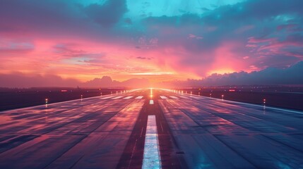 A mesmerizing sunset sky with vibrant hues of pink and purple reflecting off the wet runway at an airport, creating a captivating blend of nature and technology elements