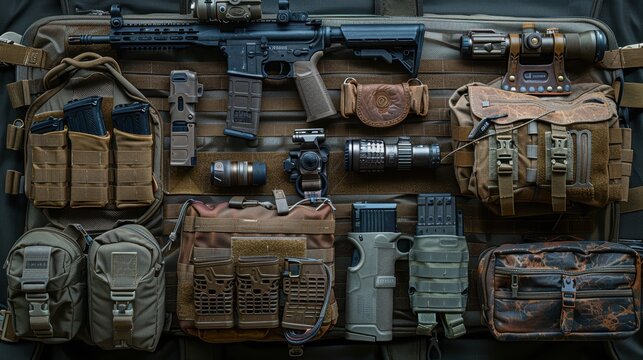 A detailed display of various tactical gear and firearms accessories artistically arranged on a tactical mat, showcasing the intricacies of each component