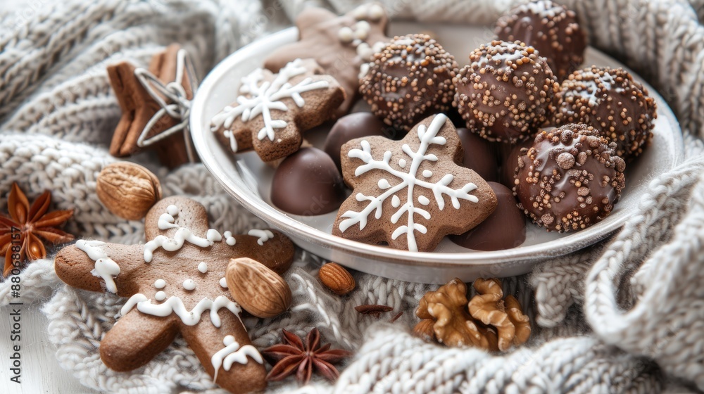 Sticker Holiday Food Presentation with Gingerbread Cookies Nuts and Chocolate Balls on White Background and Cozy Blanket Decor