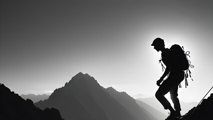 Fototapeta premium Silhouette of the climber who is climbing up the mountain against the ridge. Generative AI