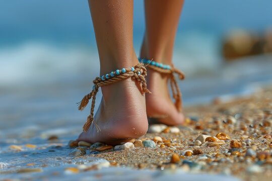The image captures the serene moment of an individual's feet adorned with beaded anklets as they walk along a pebbled beach with waves gently caressing the shore