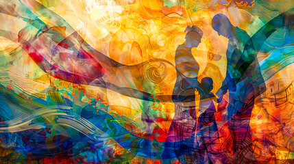 Family walking through colorful abstract painting representing life journey