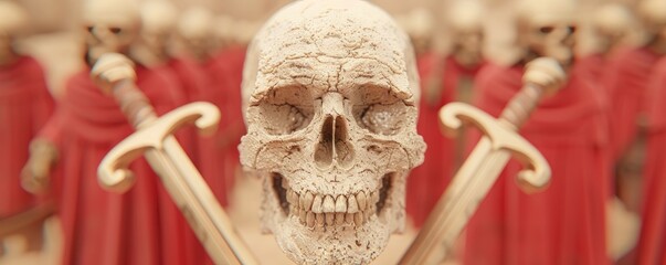 closeup of a skull with sword on read cloak in the background