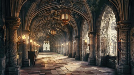 Fototapeta premium Fantasy medieval gallery in the castle.