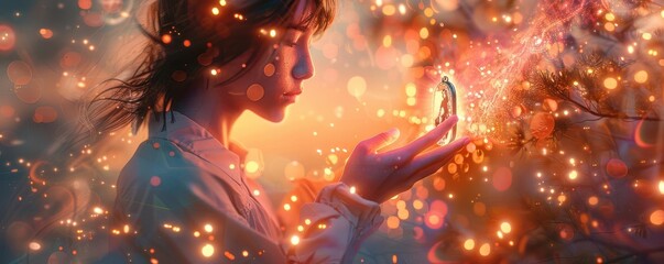 A person holding a locket with a holographic projection of cherished moments