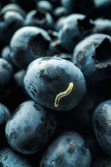 Ripe blueberries, macro photography. A green caterpillar sits on a berry. Fresh and appetizing berries and a natural pest caterpillar. The photo is ideal for illustrating scientific materials.