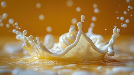 A close-up image captures the precise moment a droplet of milk splashes into a pool of milk, creating intricate splash patterns against a vibrant yellow background