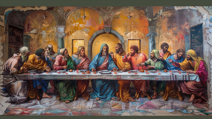 Ges&ugrave; Cristo e l'ultima cena. Dipinto.