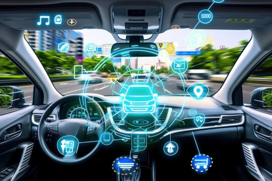 The interior of a modern car featuring a digital interface with icons representing connected vehicle features, such as navigation, music, and online shopping