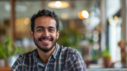 Fototapeta premium Smiling Young Hispanic Man in Casual Plaid Shirt - Portrait for Business Success, Brand Marketing or Personal Branding