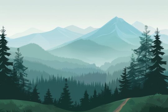 Flat vector illustration of a forest landscape with mountains in the background, in the style of a cartoon, simple design. Mountain Day. - Powered by Adobe