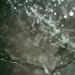 Morning Dew Drops: Stunning Macro Shot of Rain-Drenched Spider Web in Bright Whites and Greys