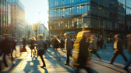Fototapeta premium busy street where blurred pedestrians hurry past an office building in the early morning, showcasing the start of a typical workday.