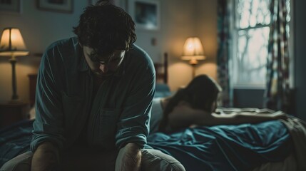 Fototapeta premium Emotional Struggle and Melancholy: Man in Distress Sitting on Bed, Woman Under Blanket Offering Silent Empathy and Intimate Support