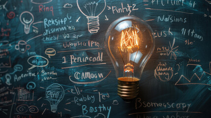 A glowing lightbulb placed against a chalkboard filled with various colorful doodles, symbols, and writings representing creativity and ideas.