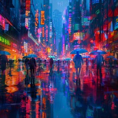 Obraz premium Neon City Rain - Futuristic Digital Art of People Walking with Umbrellas in Detailed Urban Rain Scene