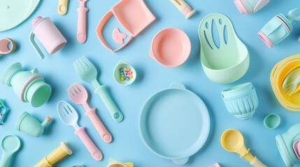 A top view of children's tableware including a silicone bib and a bowl, ideal for serving baby food and other kid-friendly dishes.