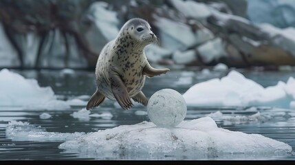 Obraz premium Joyful Antics: Cute Marine Life Seal Displaying Skill and Grace While Balancing a Ball on Ice Floe in Cold Arctic Waters