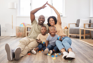 Black family, hands and together for cover in home with insurance, security and protection in...