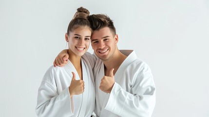 Celebrating Achievement: Joyful and Energetic Karate Couple in Uniforms, Embracing Togetherness, Confidence, and the Harmonious Spirit of Martial Arts