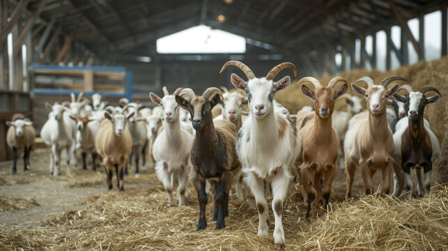 A herd of goats standing in a rustic barn, showcasing farm life and animal husbandry in a rural setting.