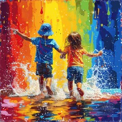 Joyful Kids Playing in Rain - Pop Art Illustration of Playful Rain Scene with Bright Colors and...