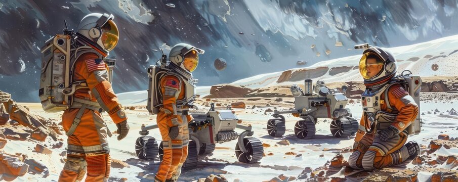 Young explorers in astronaut outfits, smart helmets, Martian landscape, rover interactions, red planet adventure, detailed and immersive, watercolor style