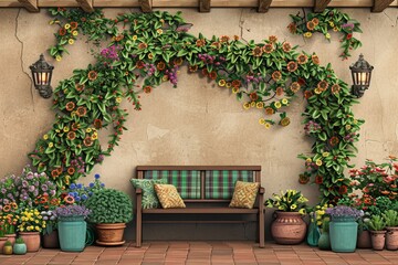 Naklejka premium A cozy backyard nook with climbing vines, potted plants, and a wooden bench, perfect for relaxation, Bohemian, Digital Art, Warm and inviting