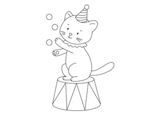 Outline cute circus cat with balls. Funny animal. Hand drawn isolated line illustration for coloring book