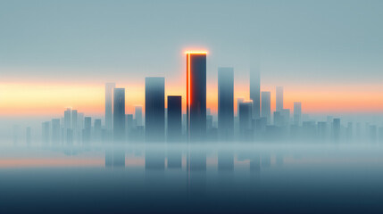 Fototapeta premium Abstract cityscape at dawn with tall buildings emerging from the fog, symbolizing business, innovation, and a new beginning.