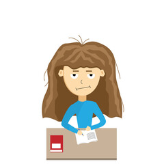 Sad and Tired Schoolgirl Doing Homework. Learning and going to school concept vector