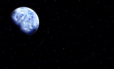 Illuminated blue moon surrounded by stars on black