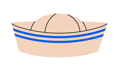 Hand drawn cute cartoon illustration of sailor hat. Flat vector marine uniform cap in doodle style. Head wear for ship or boat seaman icon or print. Vacation or holiday summer costume. Isolated.