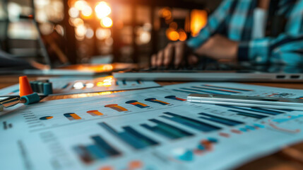 Financial charts and graphs placed on a desk, with a person typing on a laptop in the background and sunlight shining through.