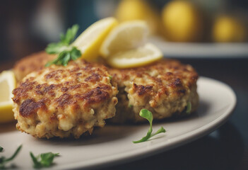 crab cakes with lemon wedges
