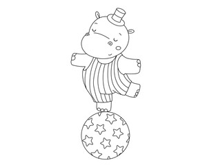 Outline cute circus hippo on ball. Funny animal. Hand drawn isolated line illustration for coloring book © Elena